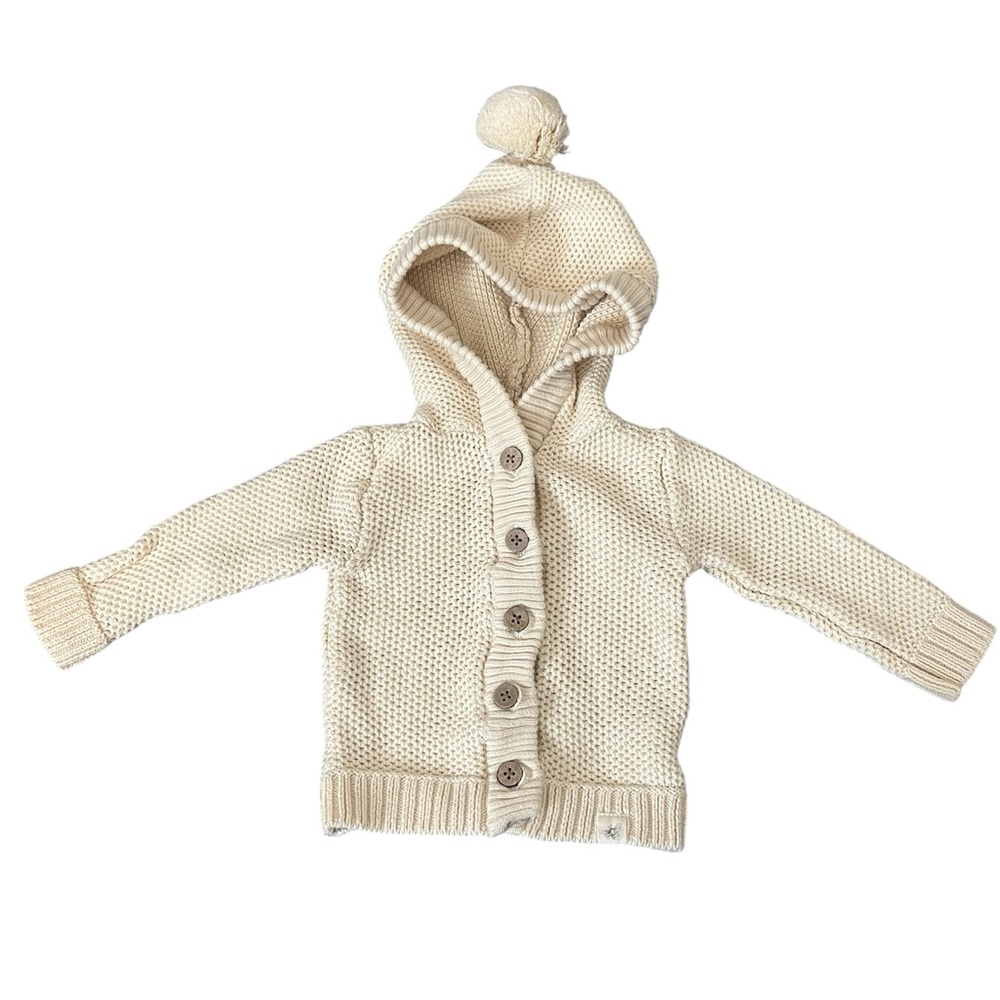 Burt’s Bees Baby Cream Knit Organic Cotton Hooded Cardigan Pom Pom Hood 0-3